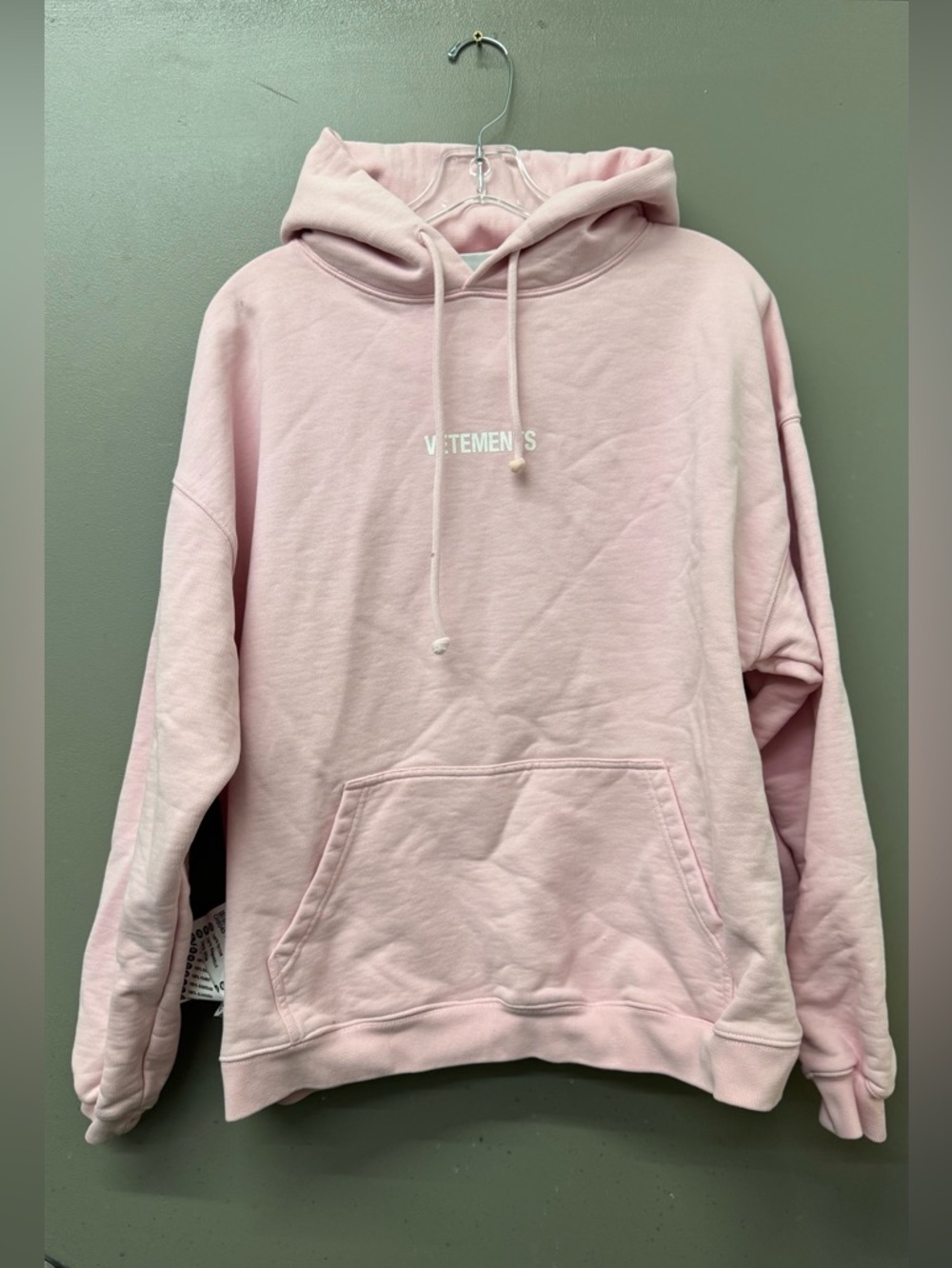 VETEMENTS Pink Logo Label Hoodie Baby Pink White Men Size XS Oversized Luxury